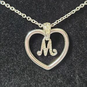 Avon Silver Plated Initial Letter M Heart Pendant Clear Rhinestones Necklace 17"